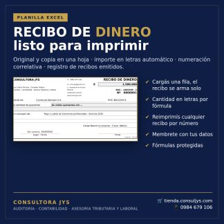 Planilla: Recibo de Dinero (original y copia, importe en letras)